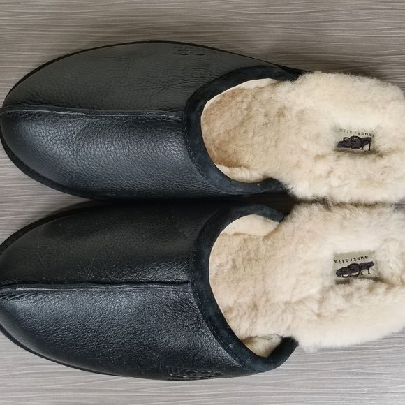 UGG Scuff Shearling-Lined Mule Slippers, Black Leather, Mens Size 12 US / 45.5 - Picture 6 of 8